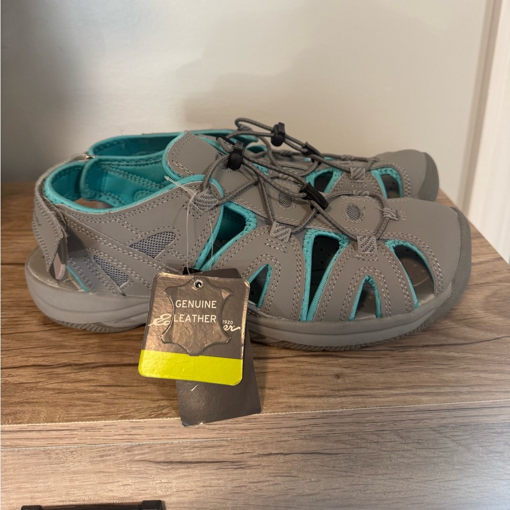 Eddie Bauer Mary Fisherman Teal and Gray Leather Sandals Size 10